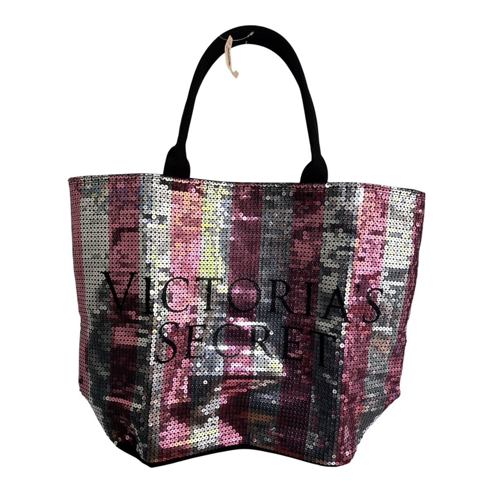 NWT Victoria's Secret Sequin Stripe Tote Bag Pink Silver Black Friday Limited Ed
